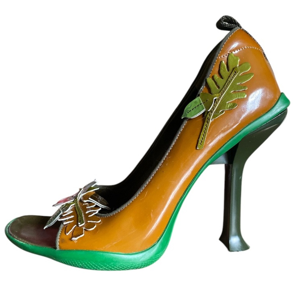 Rare Vintage 1999 Prada Foliage Acorn Oak Leaf Shoes Heels Size 8 / 38 READ - Picture 2 of 11